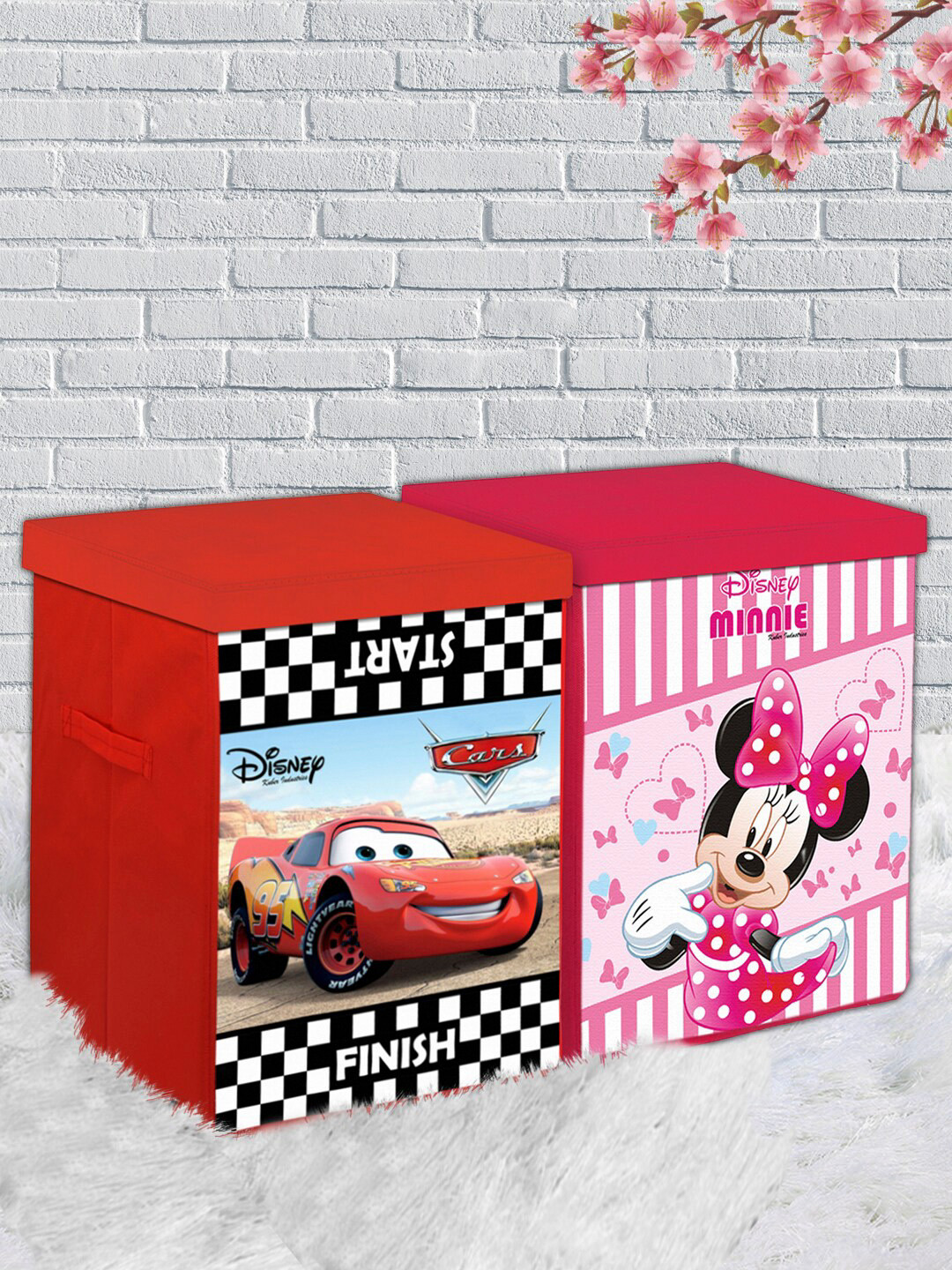 Kuber Industries Set Of 2 Disney Minnie & Cars Printed Foldable Sustainable Organisers With Lid