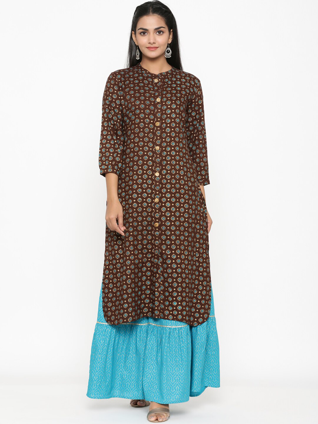 RANGMAYEE Women Brown & Turquoise Blue Printed Kurta with Sharara