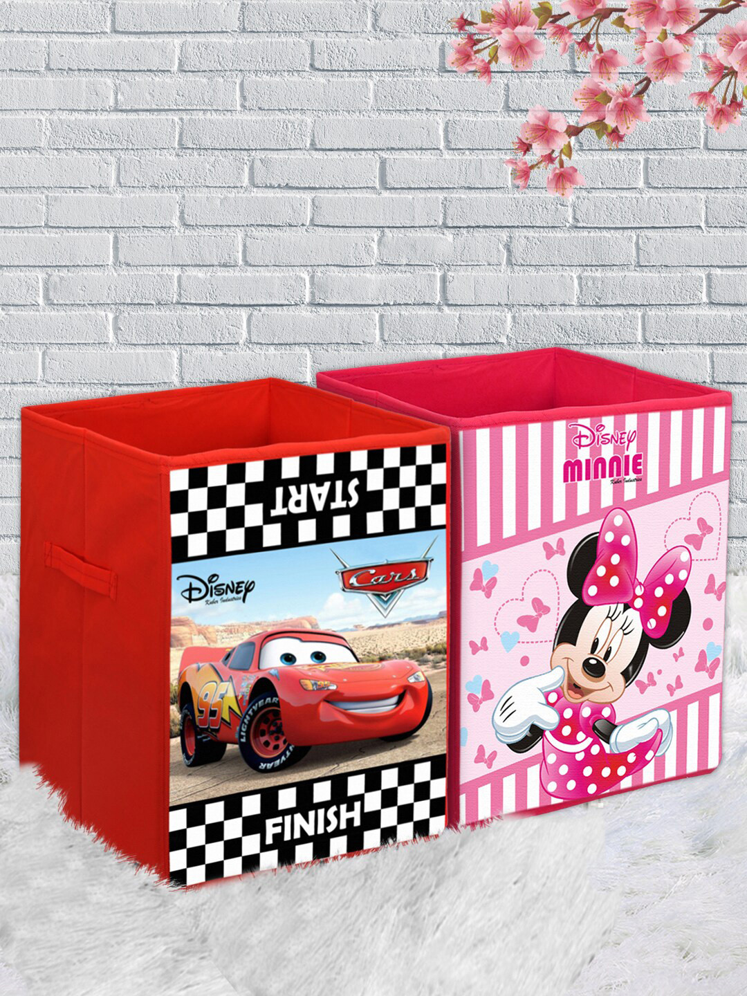 Kuber Industries Set Of 2 Red & White Disney Cars & Minnie Printed Foldable Sustainable Laundry Organiser With Handles