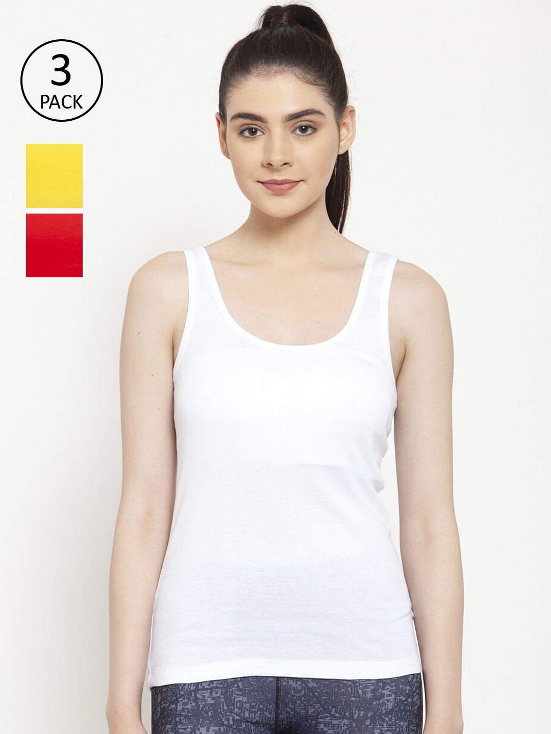 Friskers Women White & Red Pack of 3 Solid Tank Top