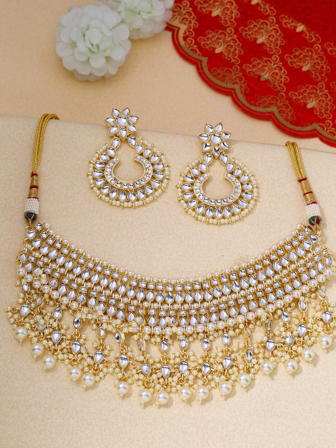 Shoshaa Gold-Plated White Kundan-Studded Beaded Handcrafted Jewellery Set