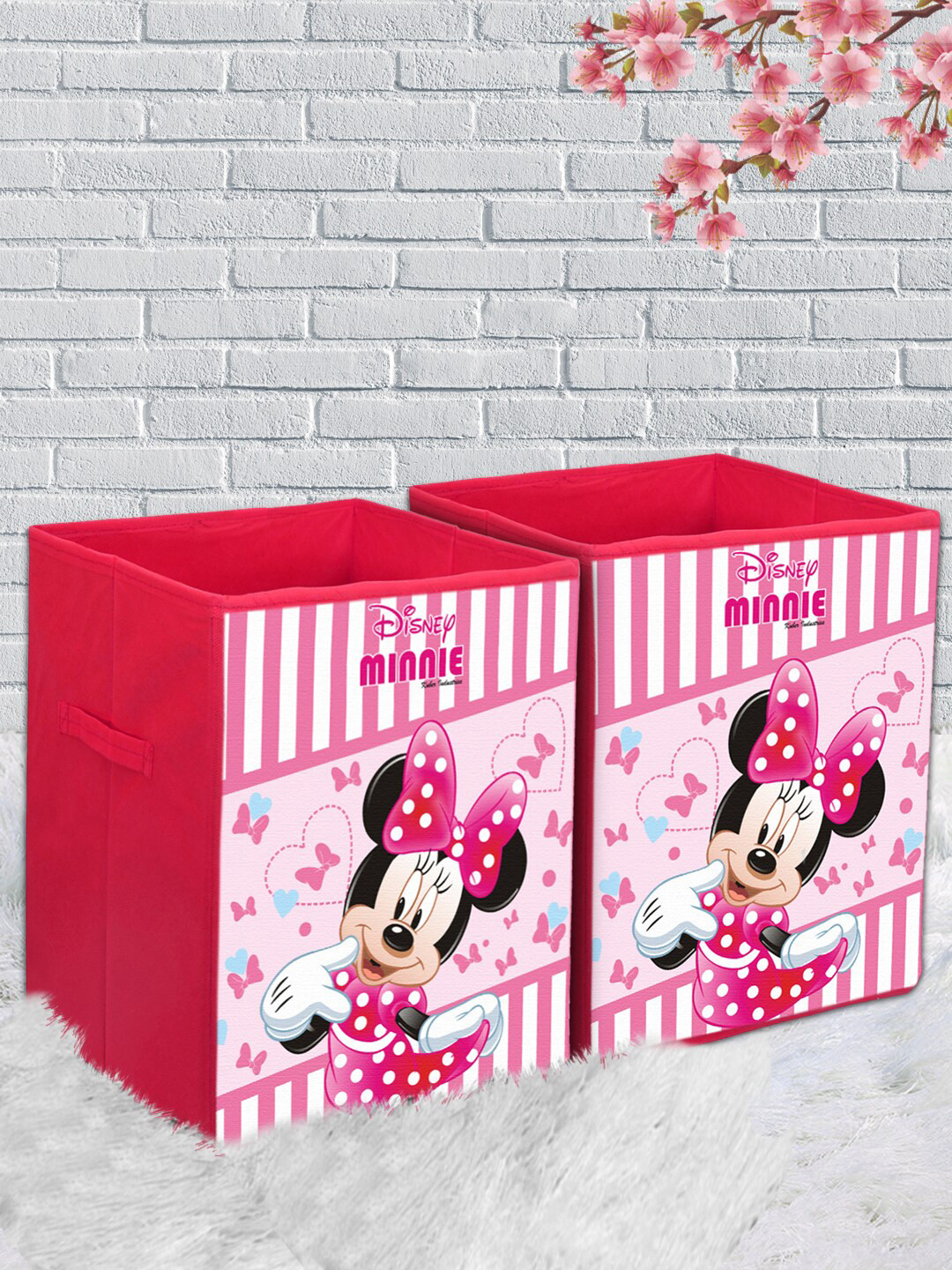 Kuber Industries Set Of 2 Pink & White Disney Minnie Print Foldable Sustainable Laundry Organiser With Handles