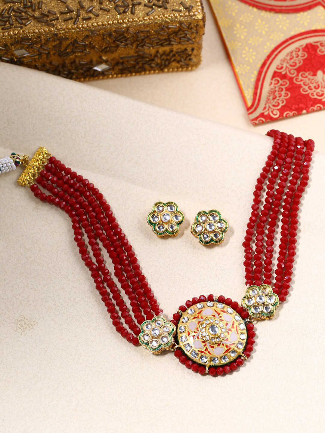 Shoshaa Gold-Plated Red & White Beaded Stone-Studded Handcrafted Jewellery Set