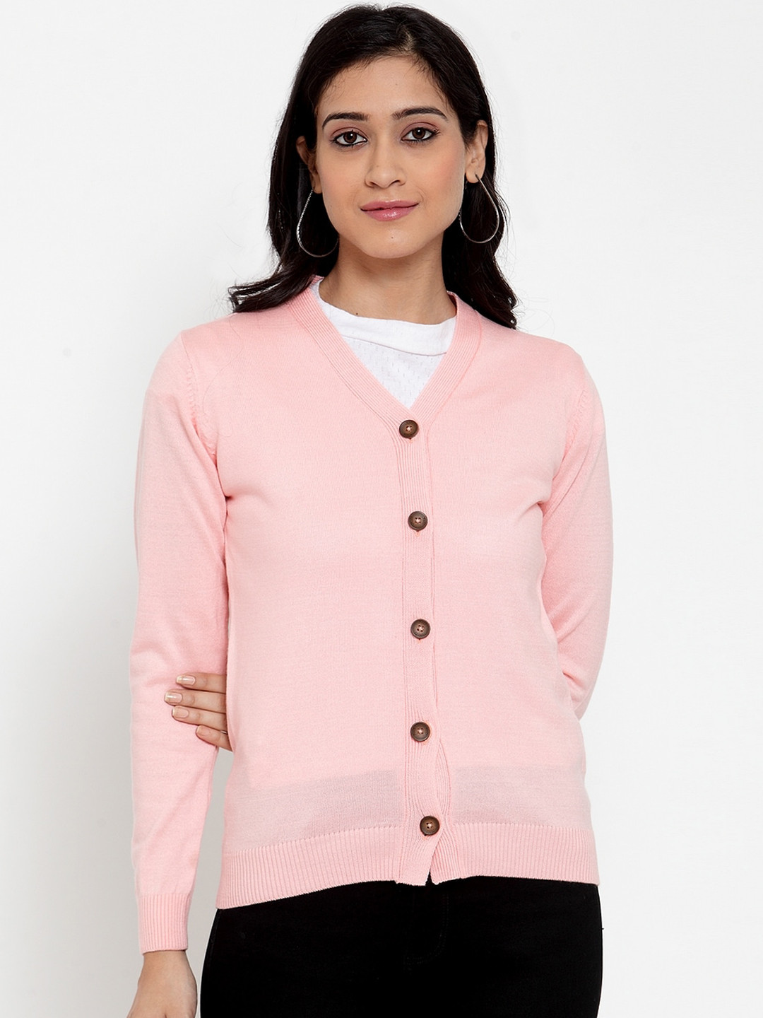 Kalt Women Acrylic Pink Solid Cardigan Sweater