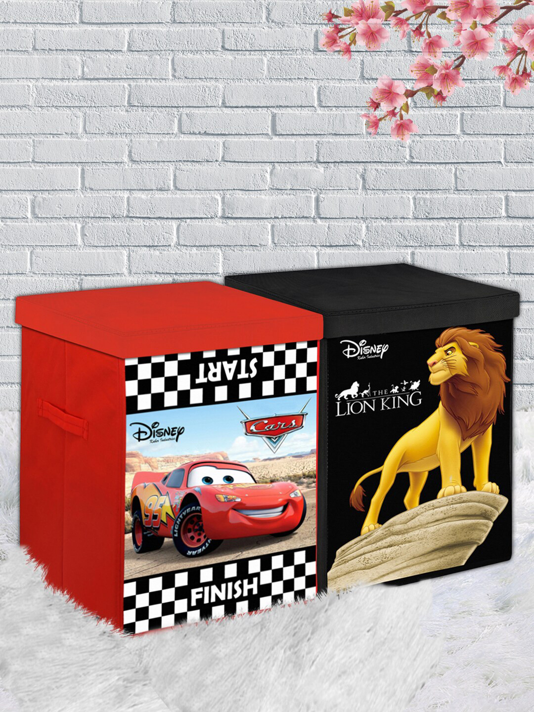 Kuber Industries Set of 2 Disney Car & Lion King Print Foldable Sustainable Storage Baskets with Lids