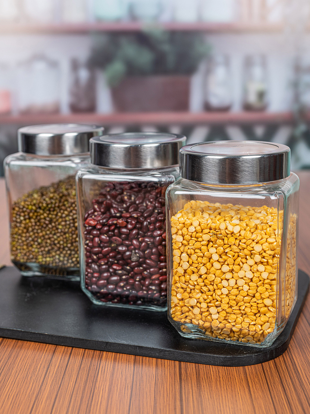 White Gold Set of 3 Transparent & Silver Glass Jar Set with Lid