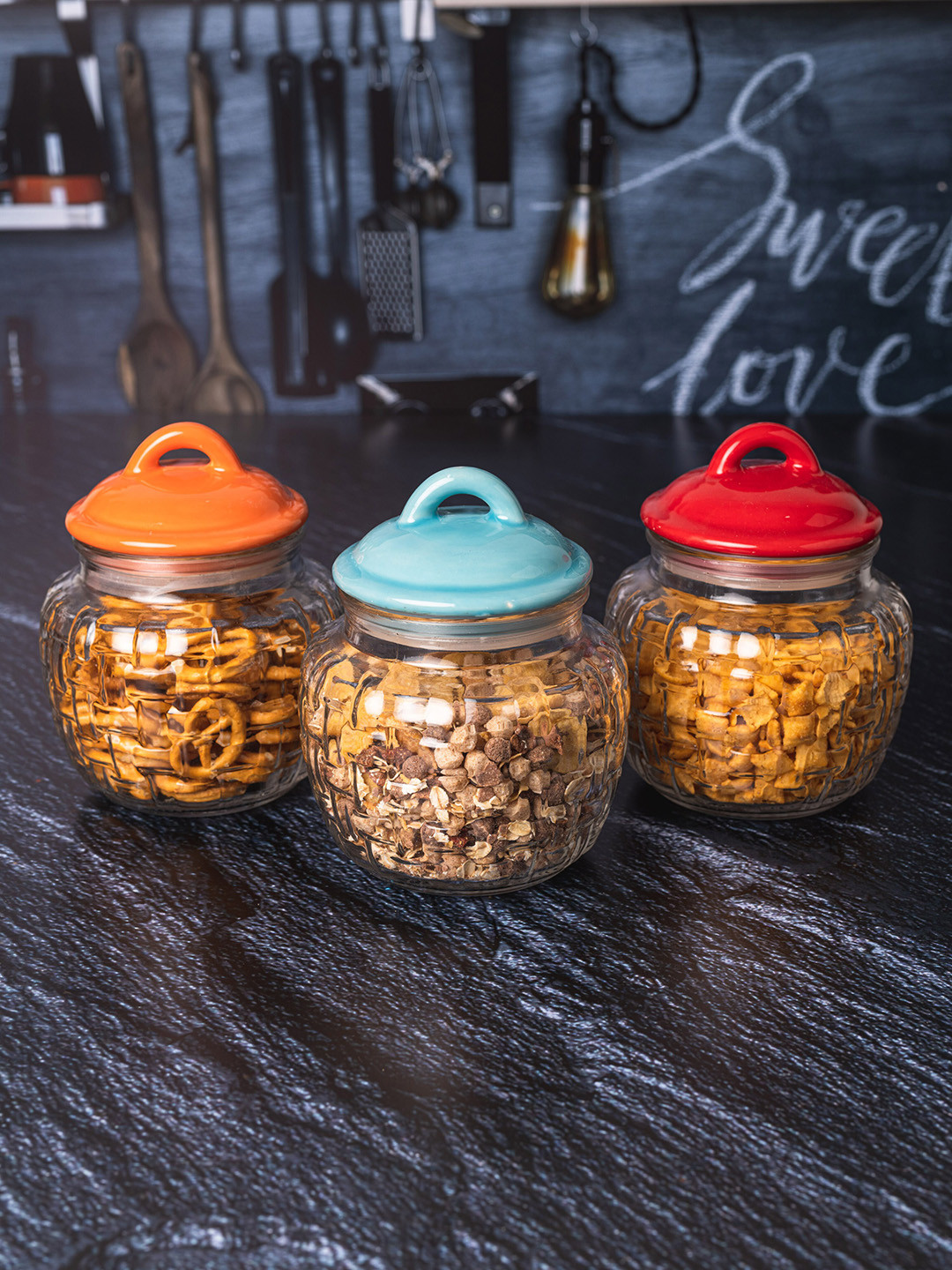 GOODHOMES Set Of 3 Transparent Glass Jars With Ceramic Lids