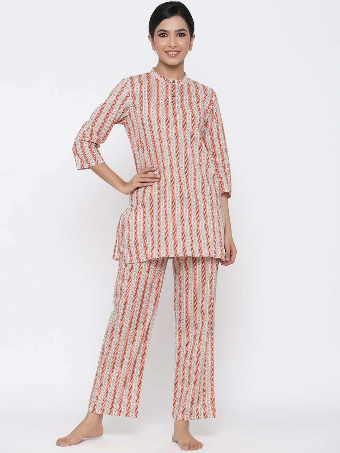 Jaipur Kurti Women Brown & White Striped Night suit