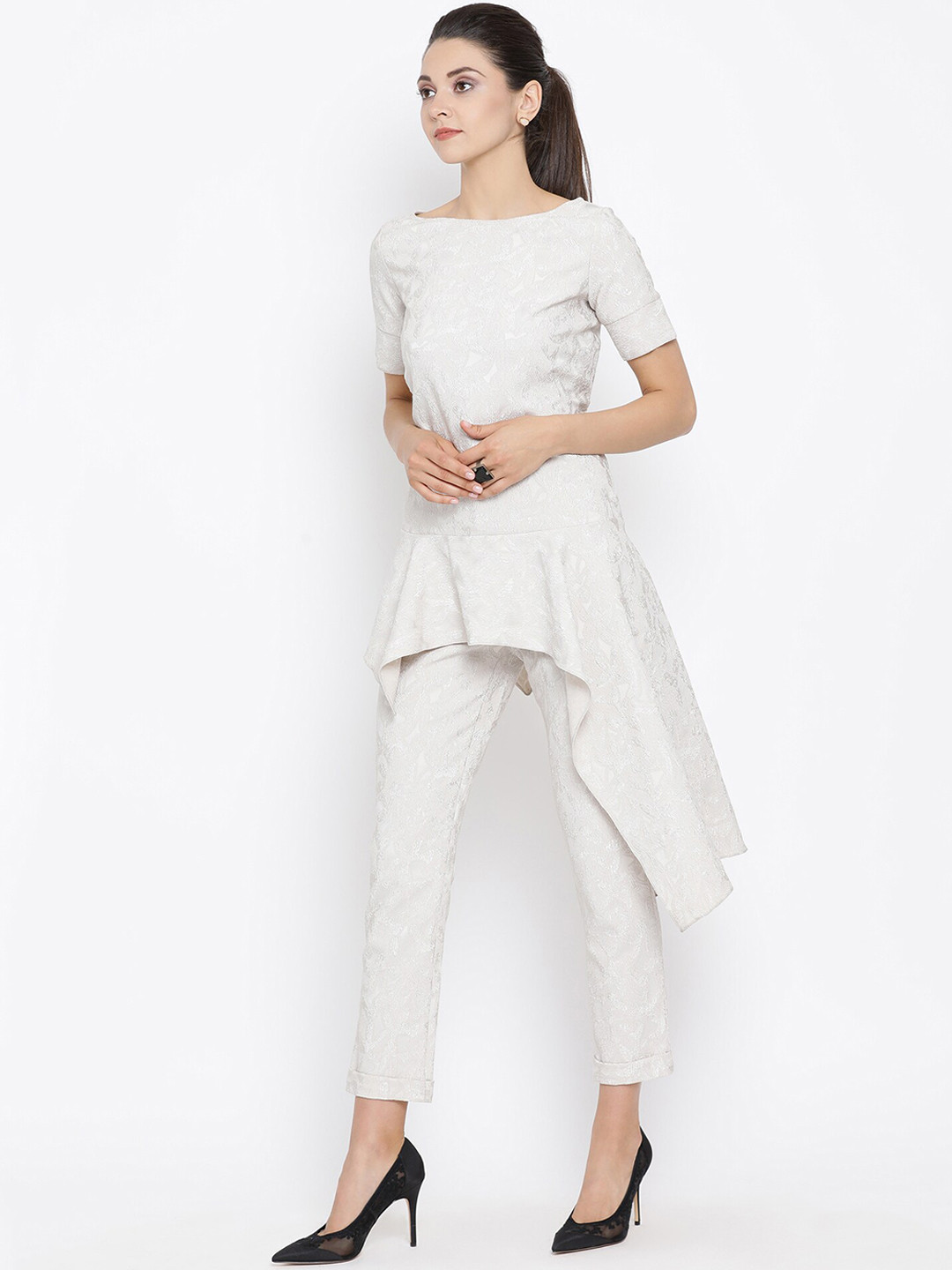 OFFICE & YOU Women Off-White Solid High-Low Top