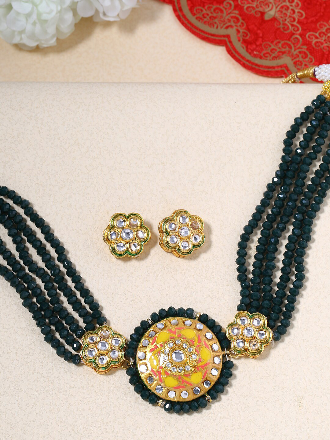 Shoshaa Gold-Plated Green Onyx-Studded Handcrafted Jewellery Set