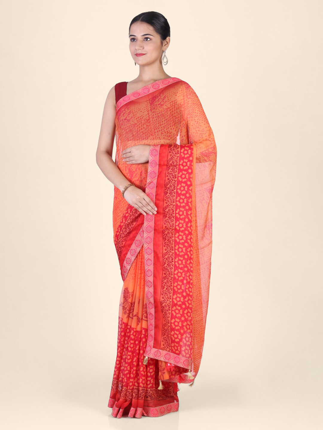 CLAI WORLD Orange Printed Saree