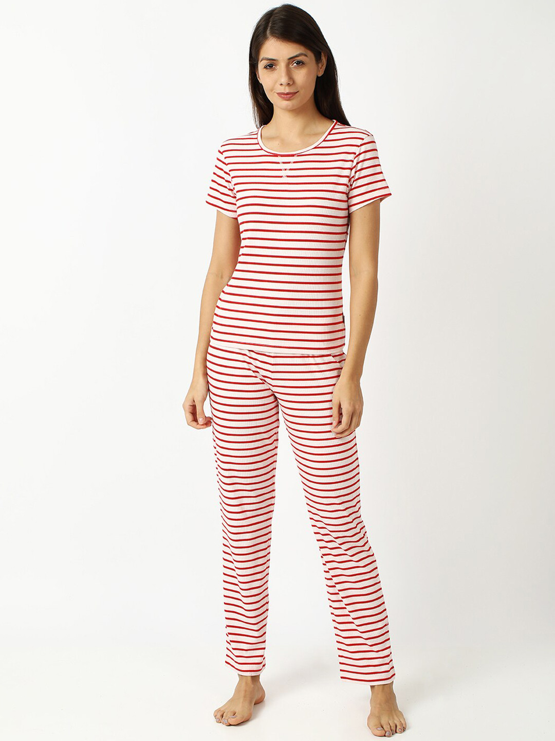 mackly Women Off-White & Red Striped Night suit