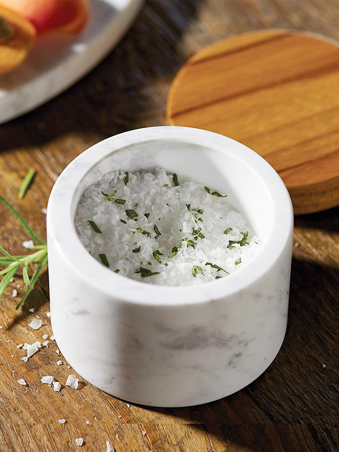 NikkisPride White & Brown Handmade Marble & Acacia Wood Salt & Pepper Cellar