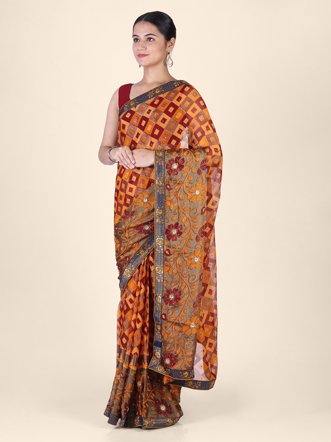 CLAI WORLD Yellow Embroidered Saree