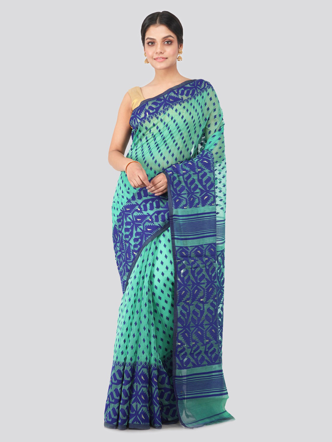 PinkLoom Sea Green & Blue Pure Cotton Woven Design Jamdani Saree