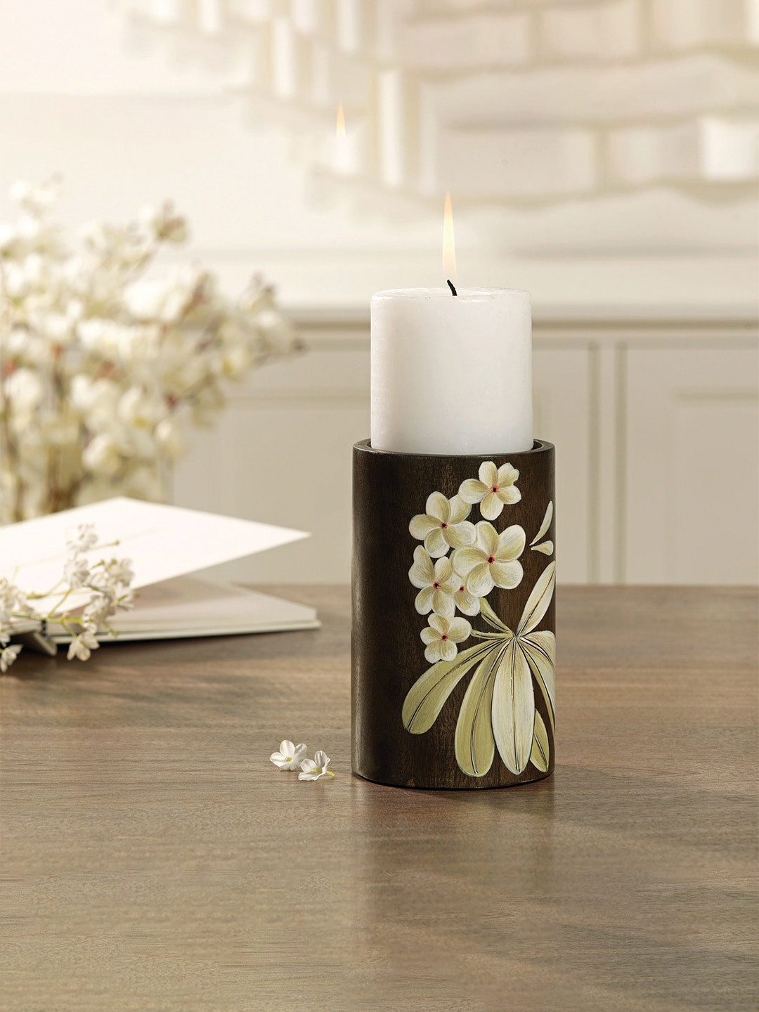 ellementry Brown Small Frangipani Wooden Candle Holder