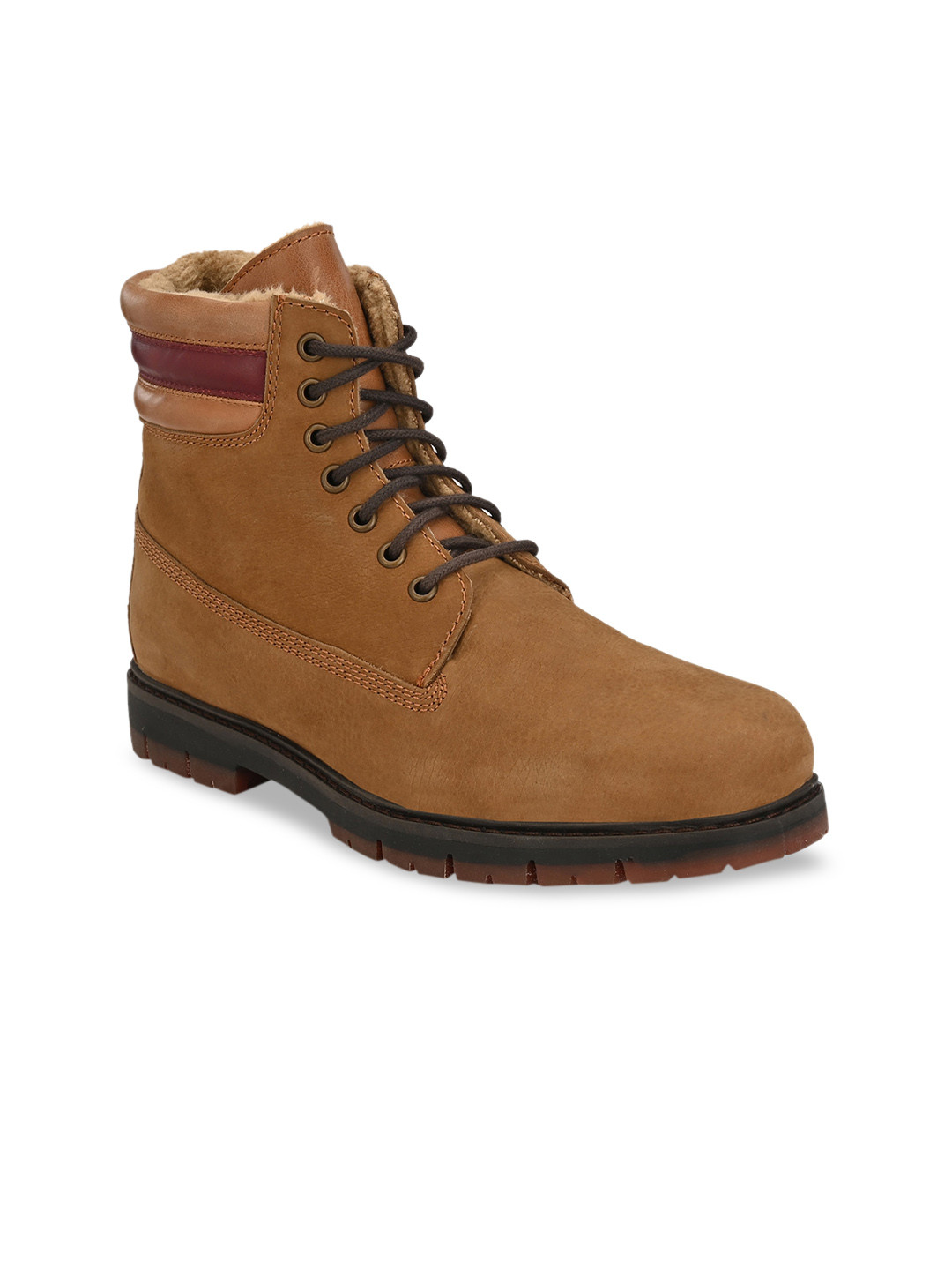 Delize Men Tan Brown Solid Genuine Leather High-Top Memory Foam Flat Boots