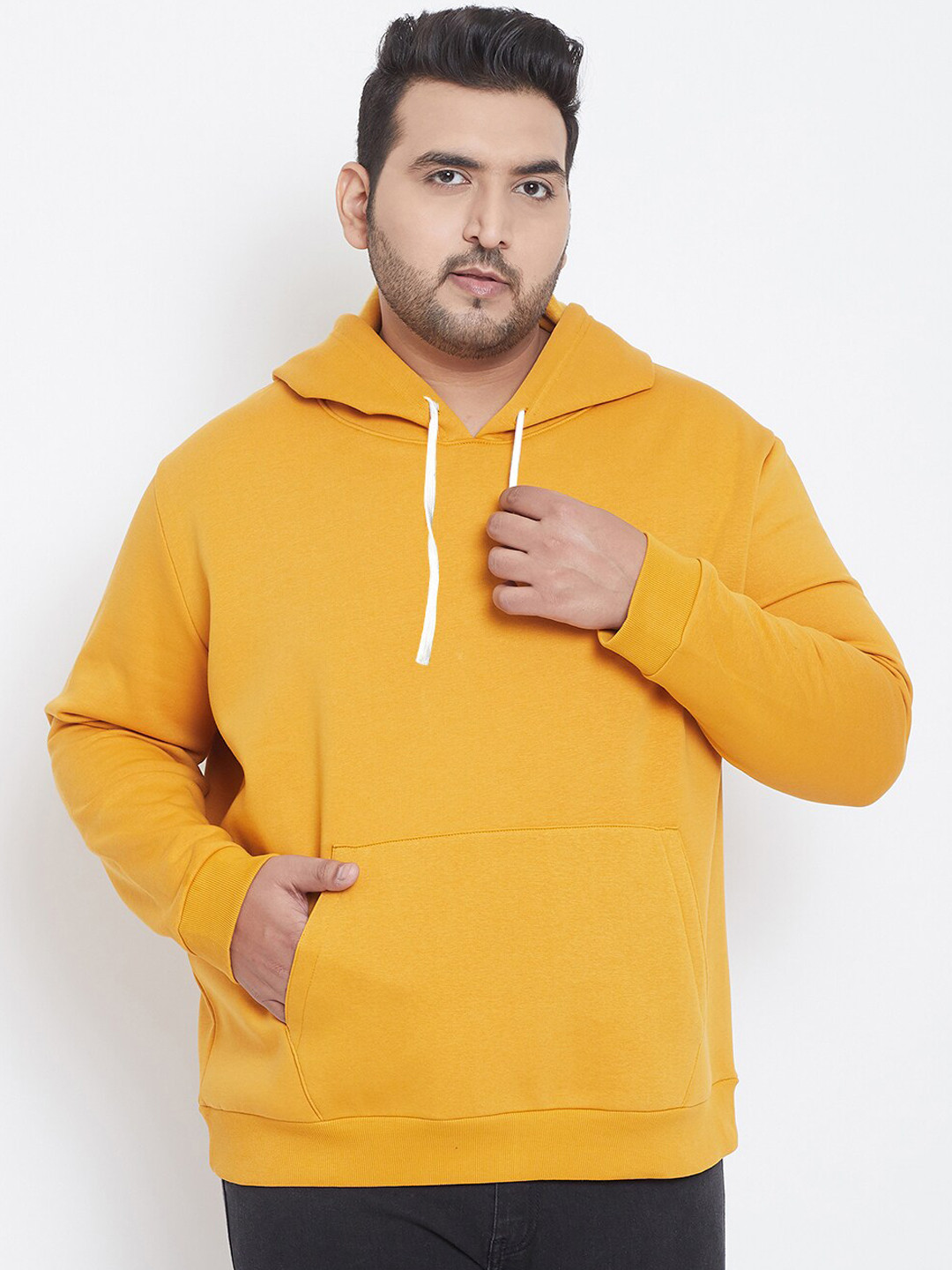 Instafab Plus Men Mustard Yellow Solid Hooded Sweatshirt