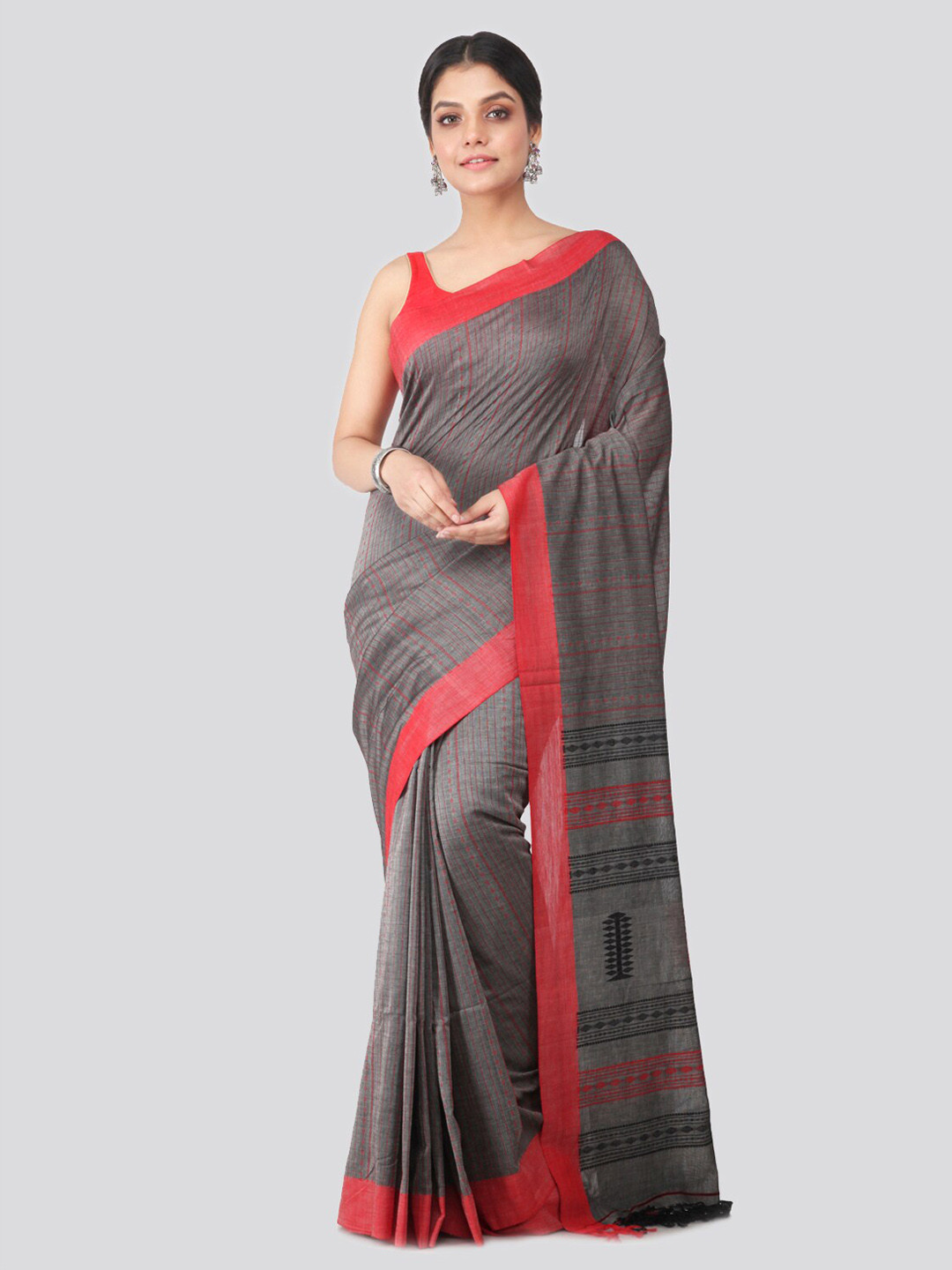 PinkLoom Grey Pure Cotton Handloom Sustainable Saree