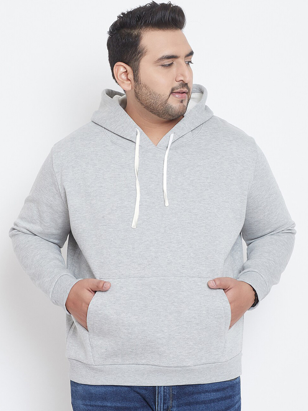 Instafab Plus Men Grey Melange Solid Hooded Sweatshirt