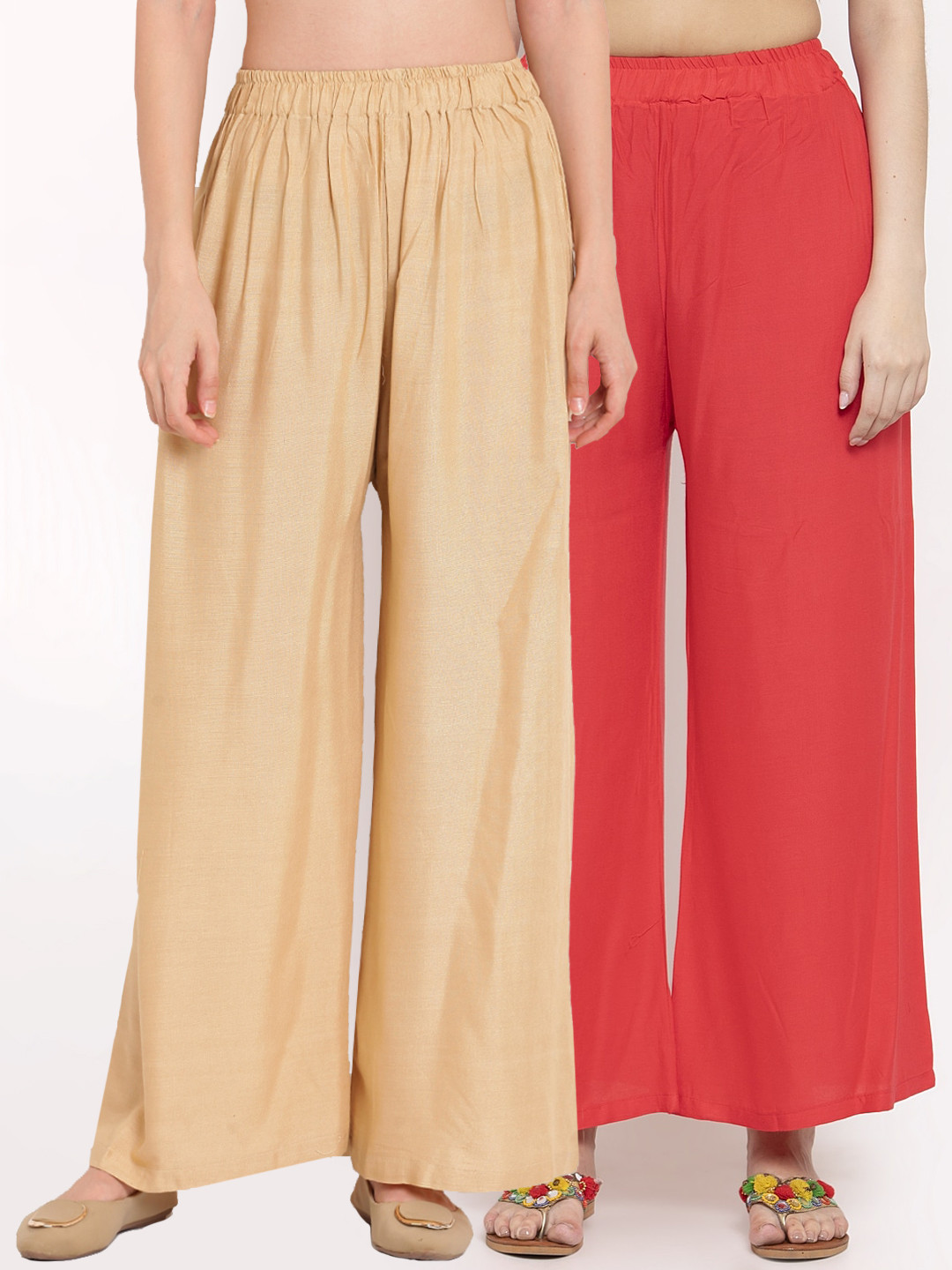 TAG 7 Women Pack Of 2 Red & Beige Solid Flared Palazzos