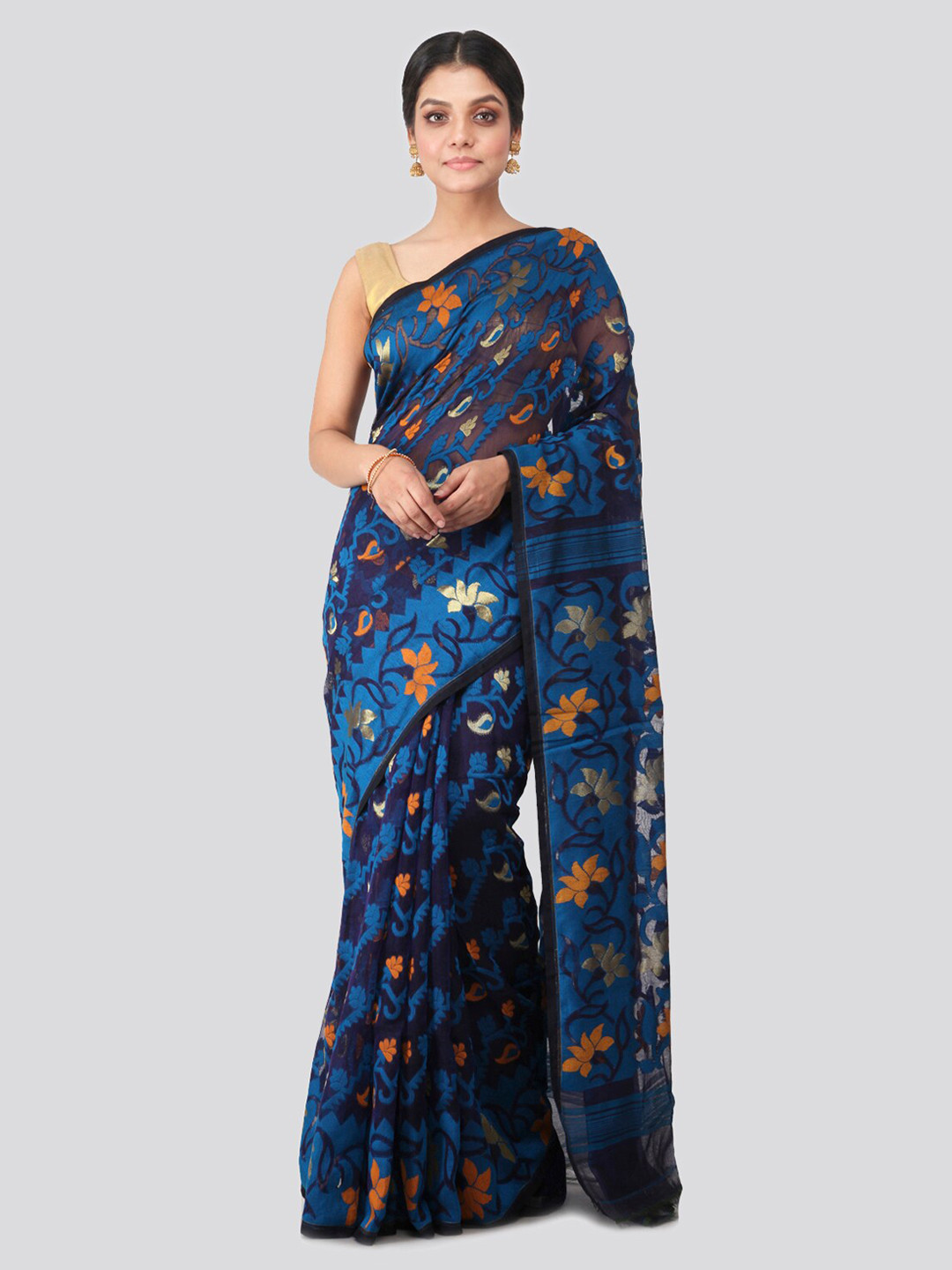 PinkLoom Blue Pure Cotton Woven Design Handloom Jamdani Sustainable Saree