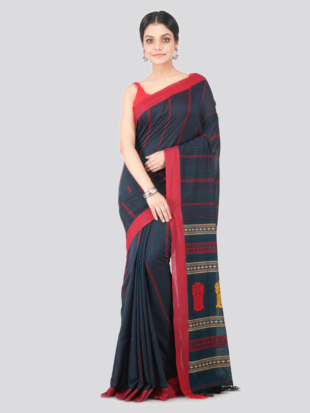 PinkLoom Blue & Red Striped Handloom Cotton Sustainable Saree
