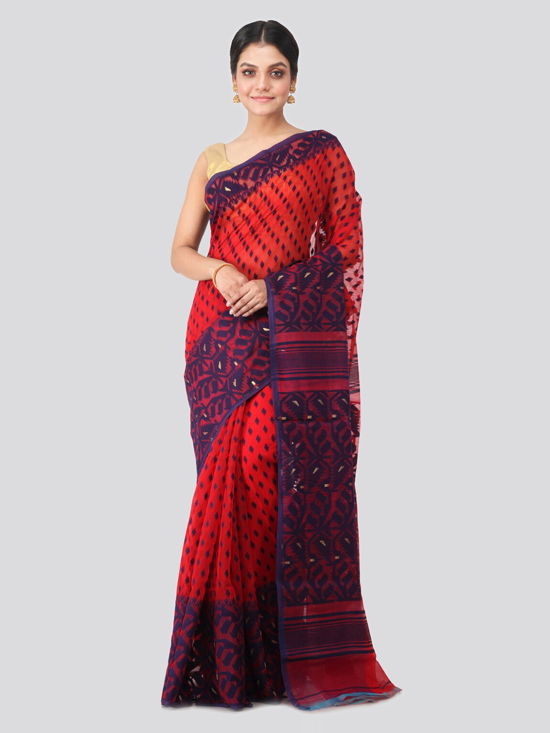 PinkLoom Red & Navy Blue Pure Cotton Woven Design Handloom Jamdani Sustainable Saree