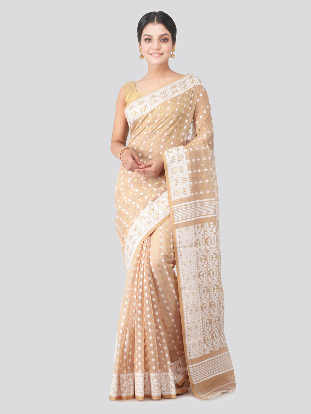 PinkLoom Beige & White Pure Cotton Woven Design Jamdani Sustainable Saree