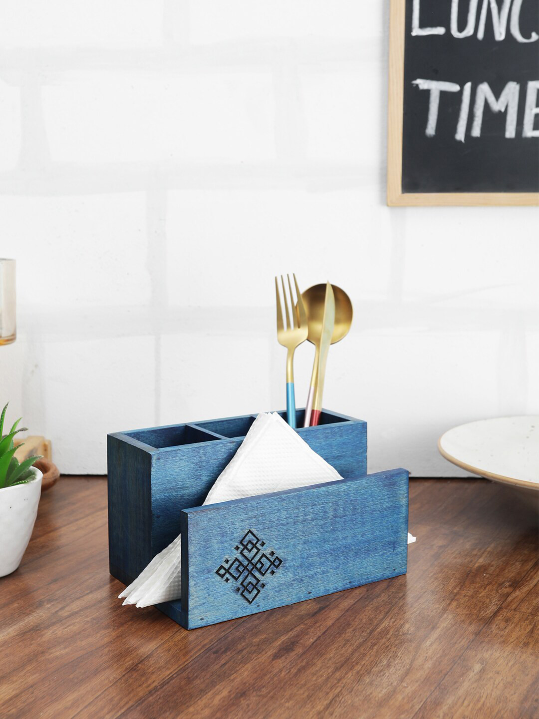 VarEesha Blue Hand-Made Distress Wooden Napkin & Spoon Holder