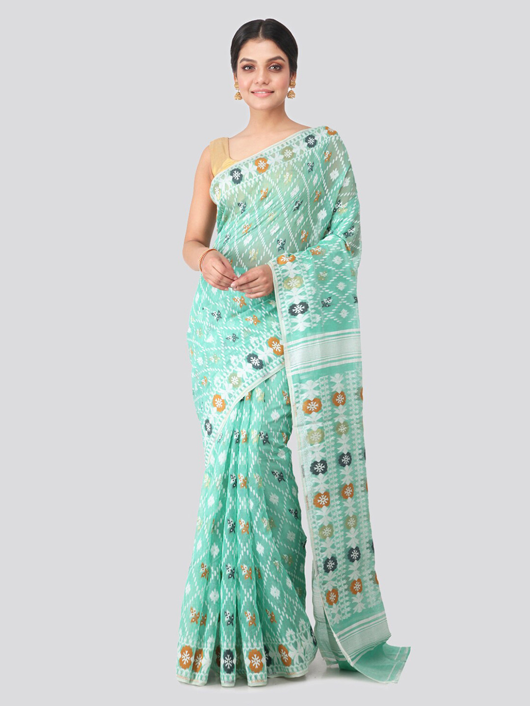 PinkLoom Sea Green Pure Cotton Woven Design Handloom Jamdani Saree