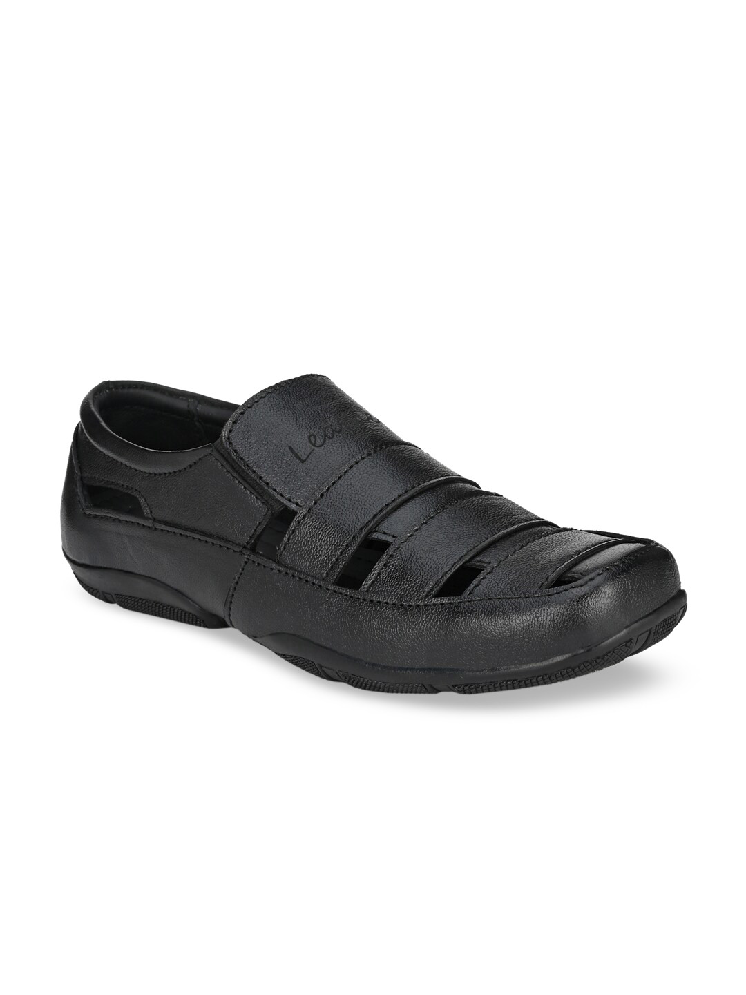 John Karsun Men Black Solid Genuine Leather Shoe-Style Sandals