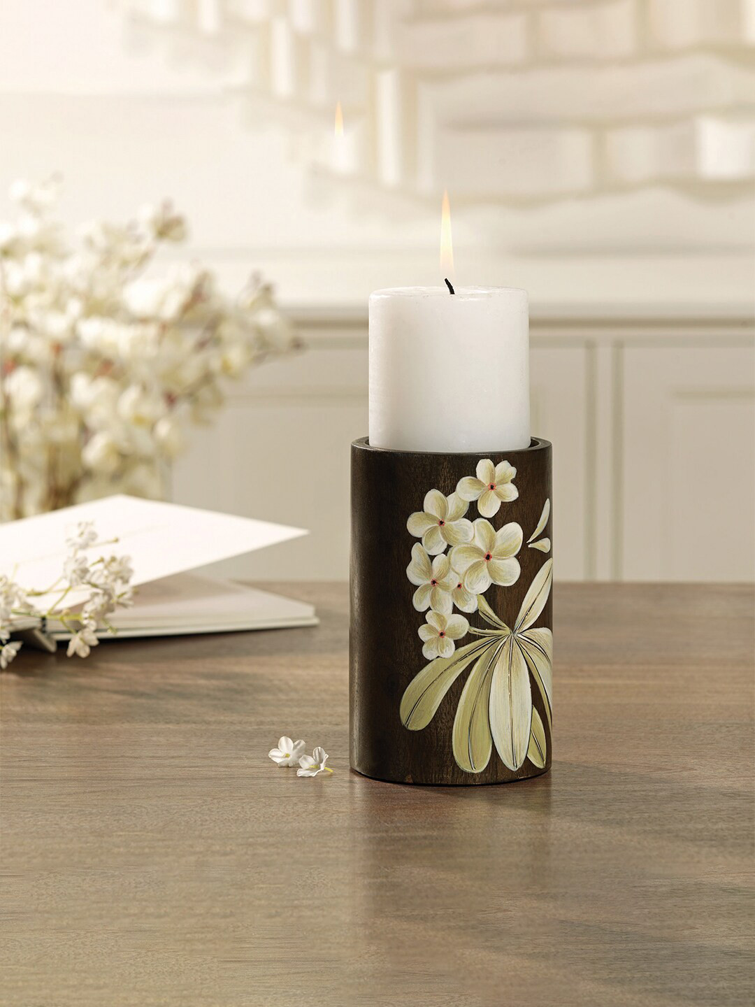 ellementry Brown Frangipani Wooden Candle Holder