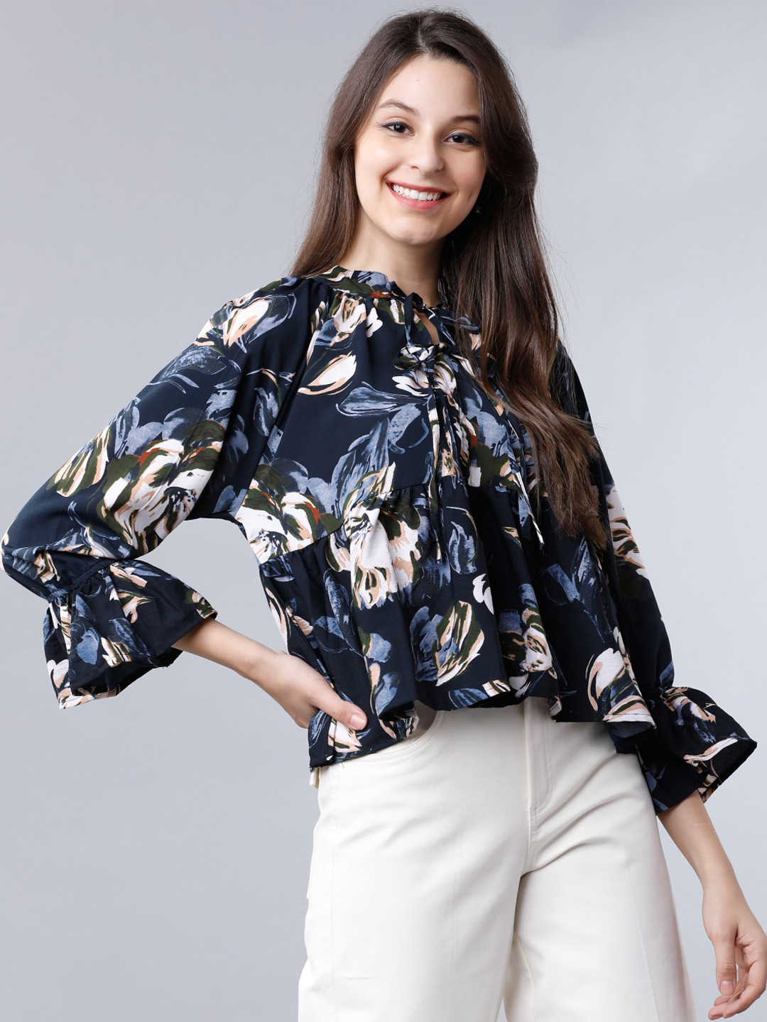 Tokyo Talkies Women Navy Blue Printed A-Line Top