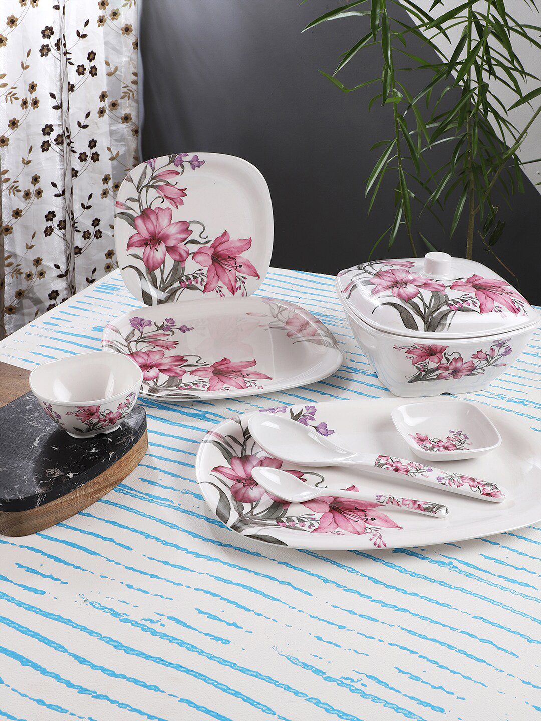 CDI Tibros White Floral Melamine Dishwasher and Microwave Safe 46 Piece Dinner Set