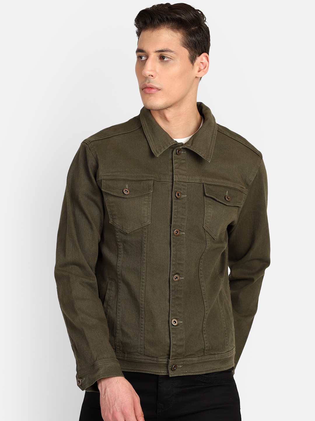 PUNK Men Olive Green Solid Lightweight Denim Jacket