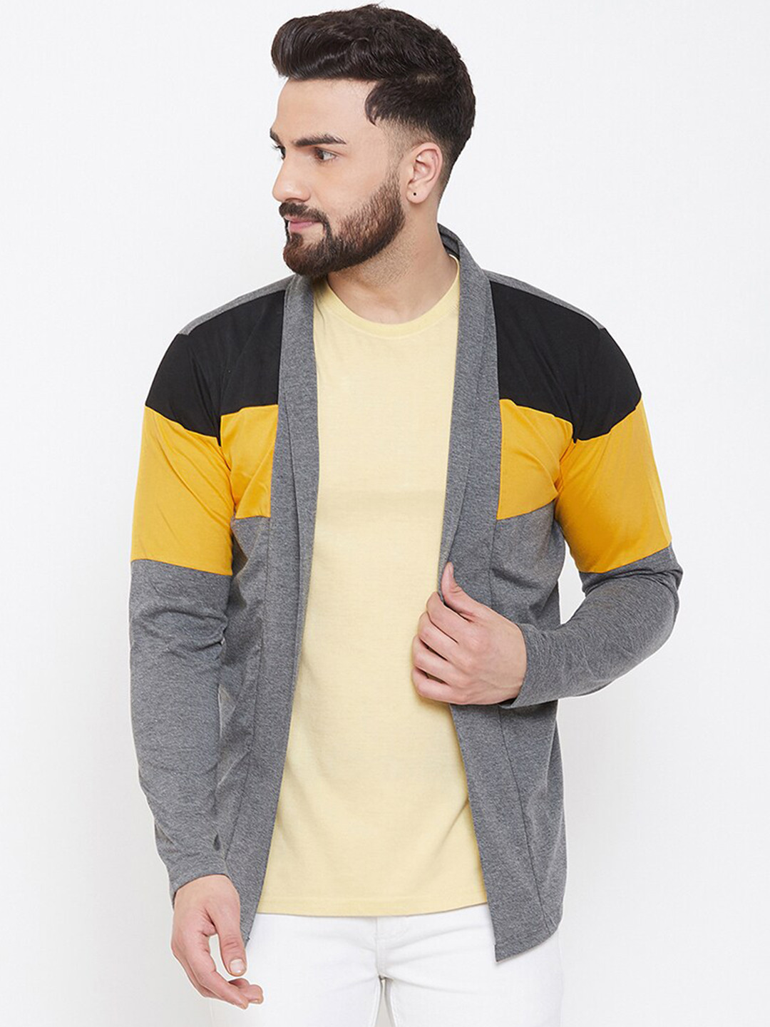 CHROME & CORAL Men Grey & Yellow Colourblocked Open Front Shrug