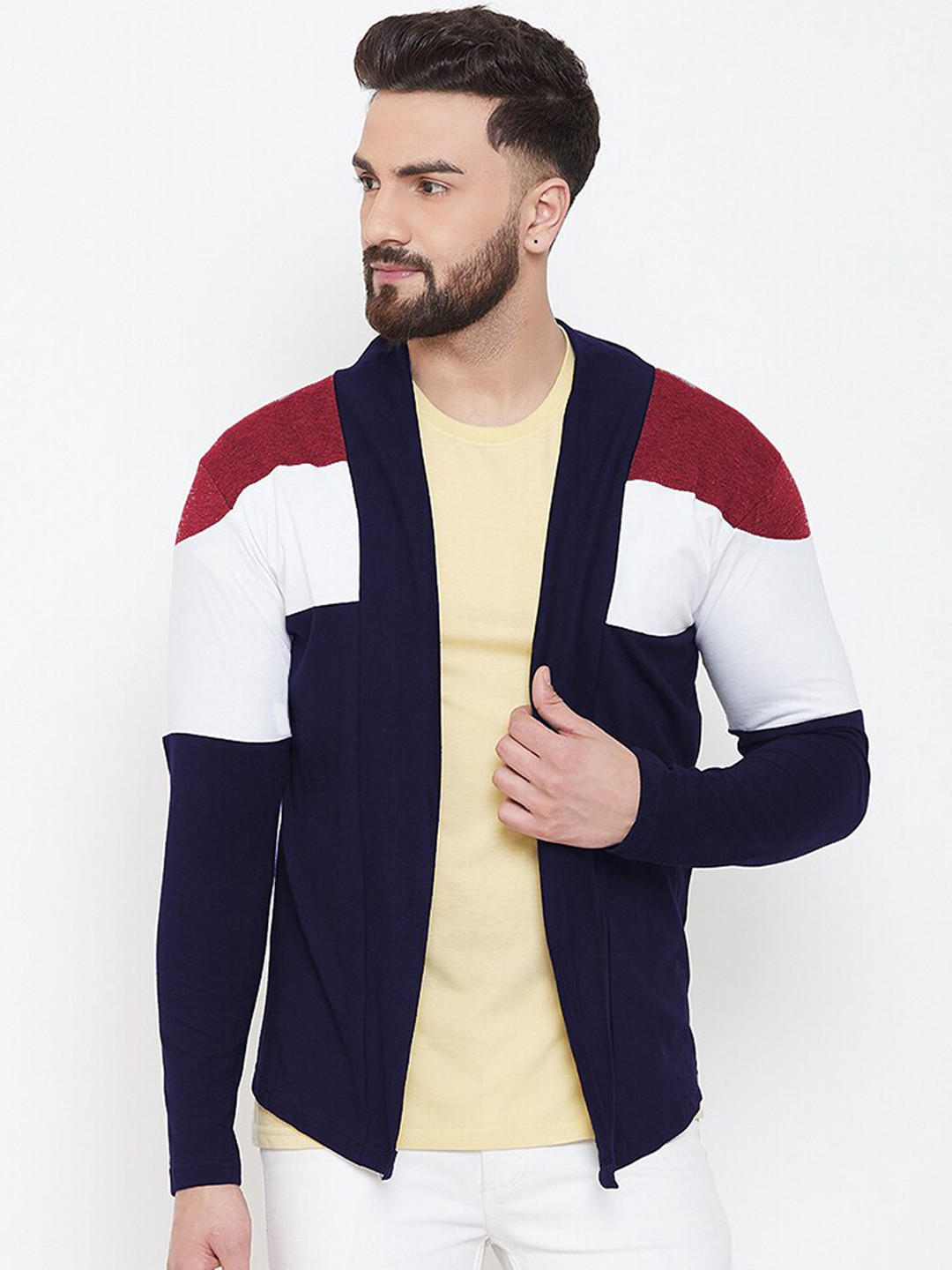 CHROME & CORAL Men Navy Blue & White Colourblocked Open Front Shrug