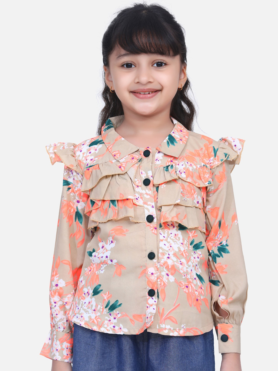 Cutiekins Girls Beige & Orange Regular Fit Floral Print Casual Shirt