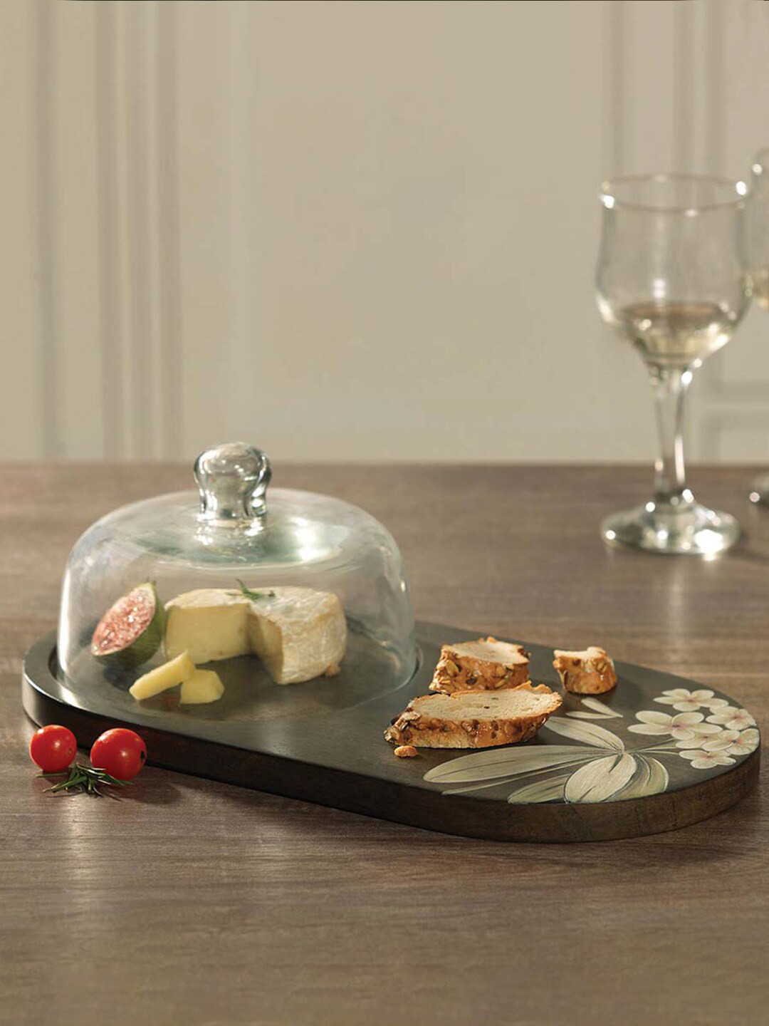 ellementry Brown & Transparent Frangipani Glass Cloche & Wooden Platter