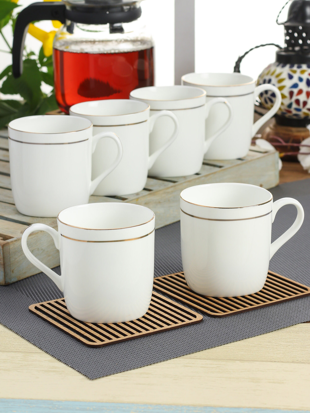 CLAY CRAFT Babur Inspired White Ceramic Microwave Safe 6 Piece Cups-180ml