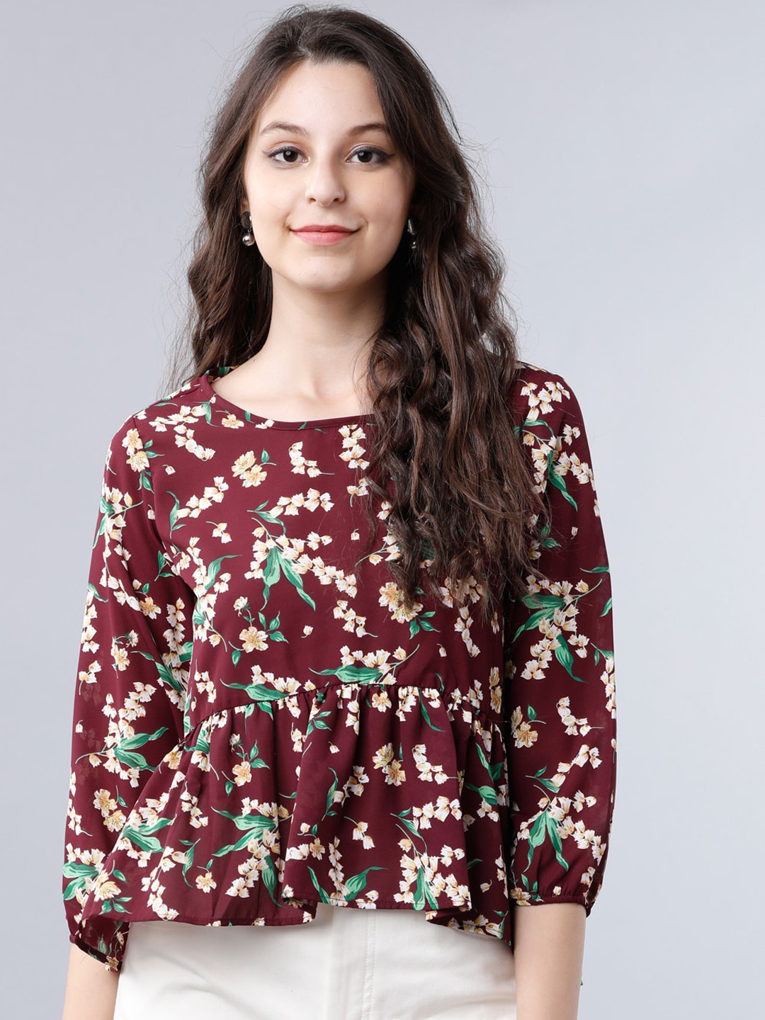 Tokyo Talkies Women Maroon & Cream Floral Printed Peplum Top