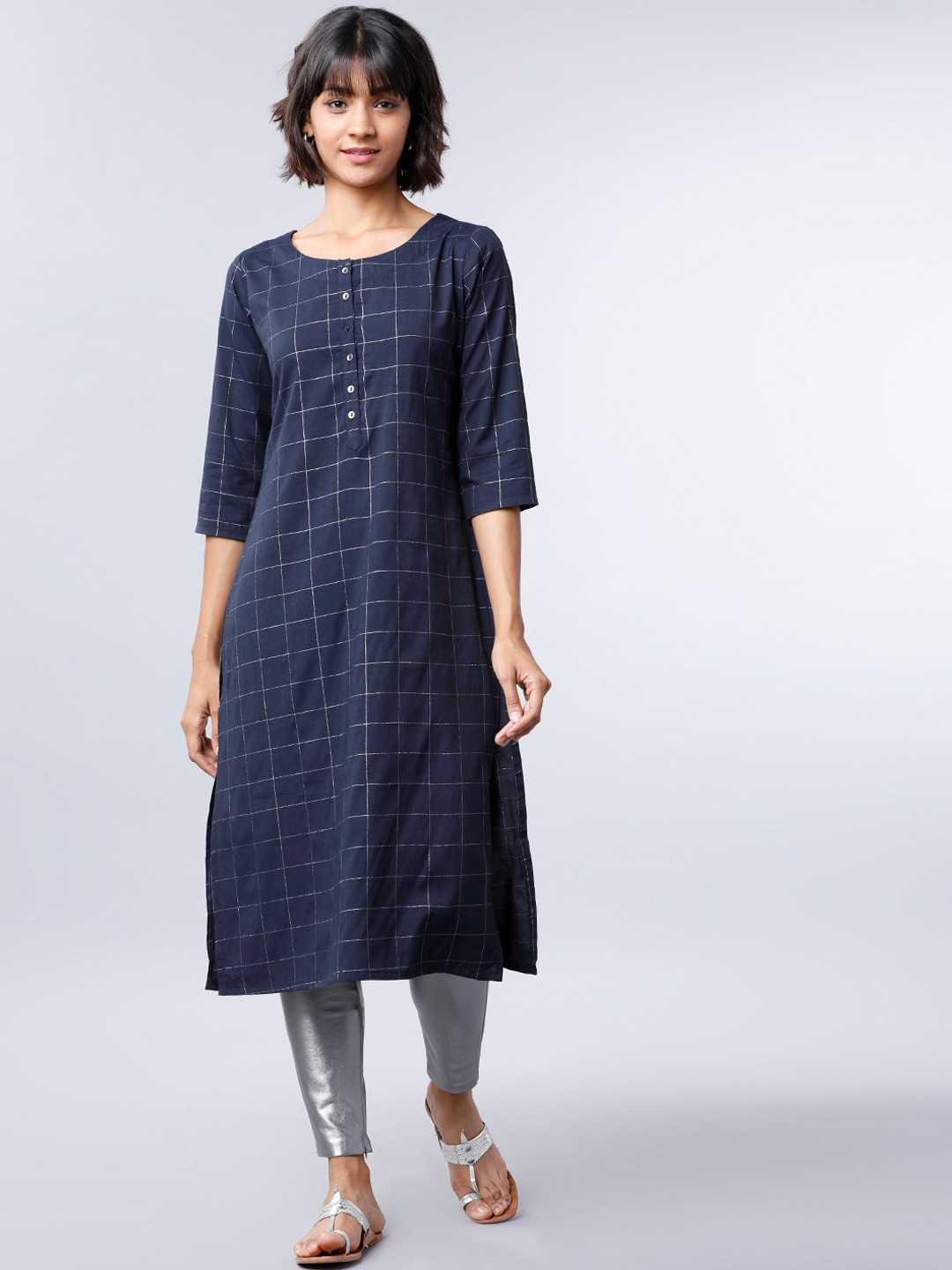 Vishudh Women Navy Blue & Silver Checked Straight Kurta