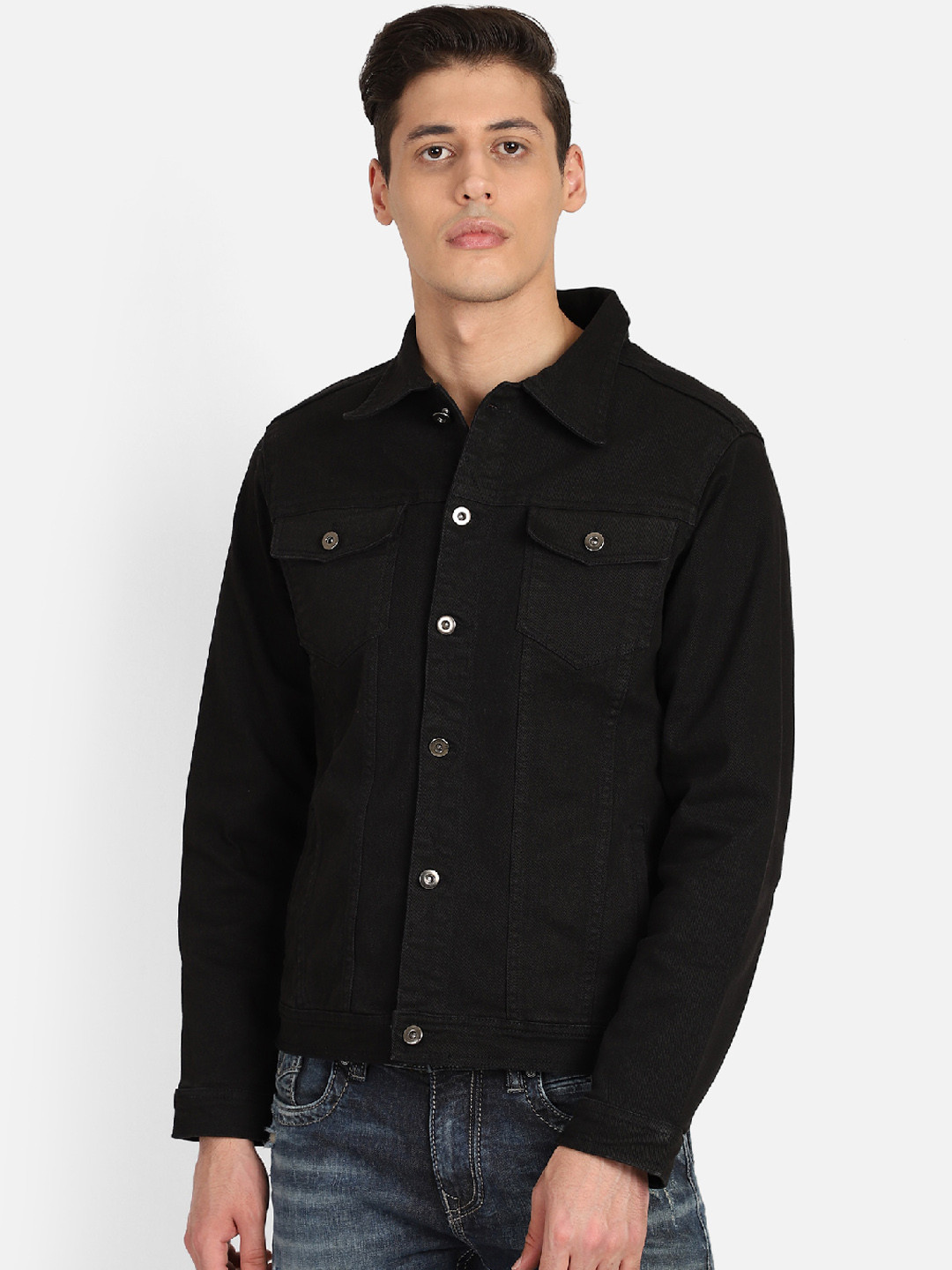 PUNK Men Black Solid Lightweight Denim Jacket