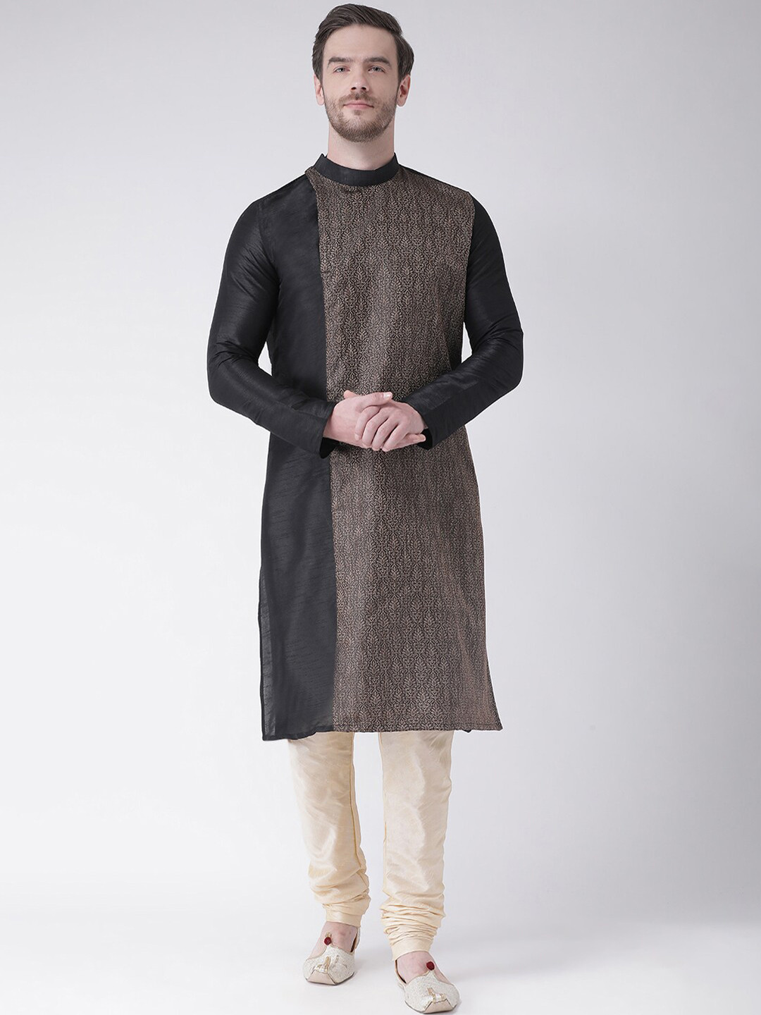 LAMAAYA Men Black Banarasi Silk Kurta With Churidar Set