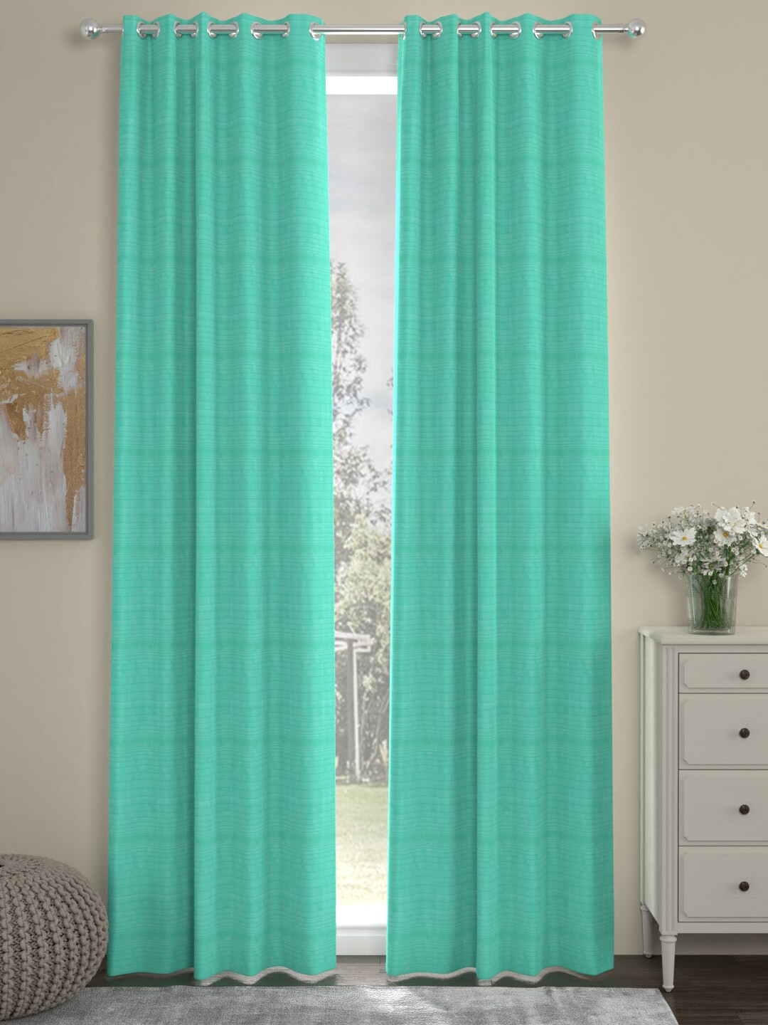 ROSARA HOME Turquoise Blue Set of 2 Striped Long Door Curtains
