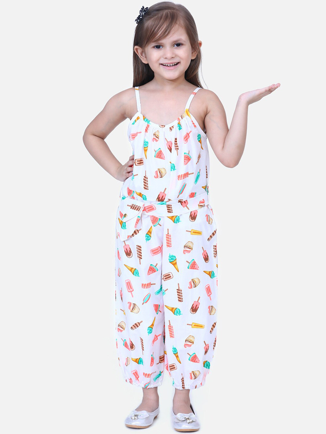 Fairies Forever Girls White & Pink Printed Basic Jumpsuit