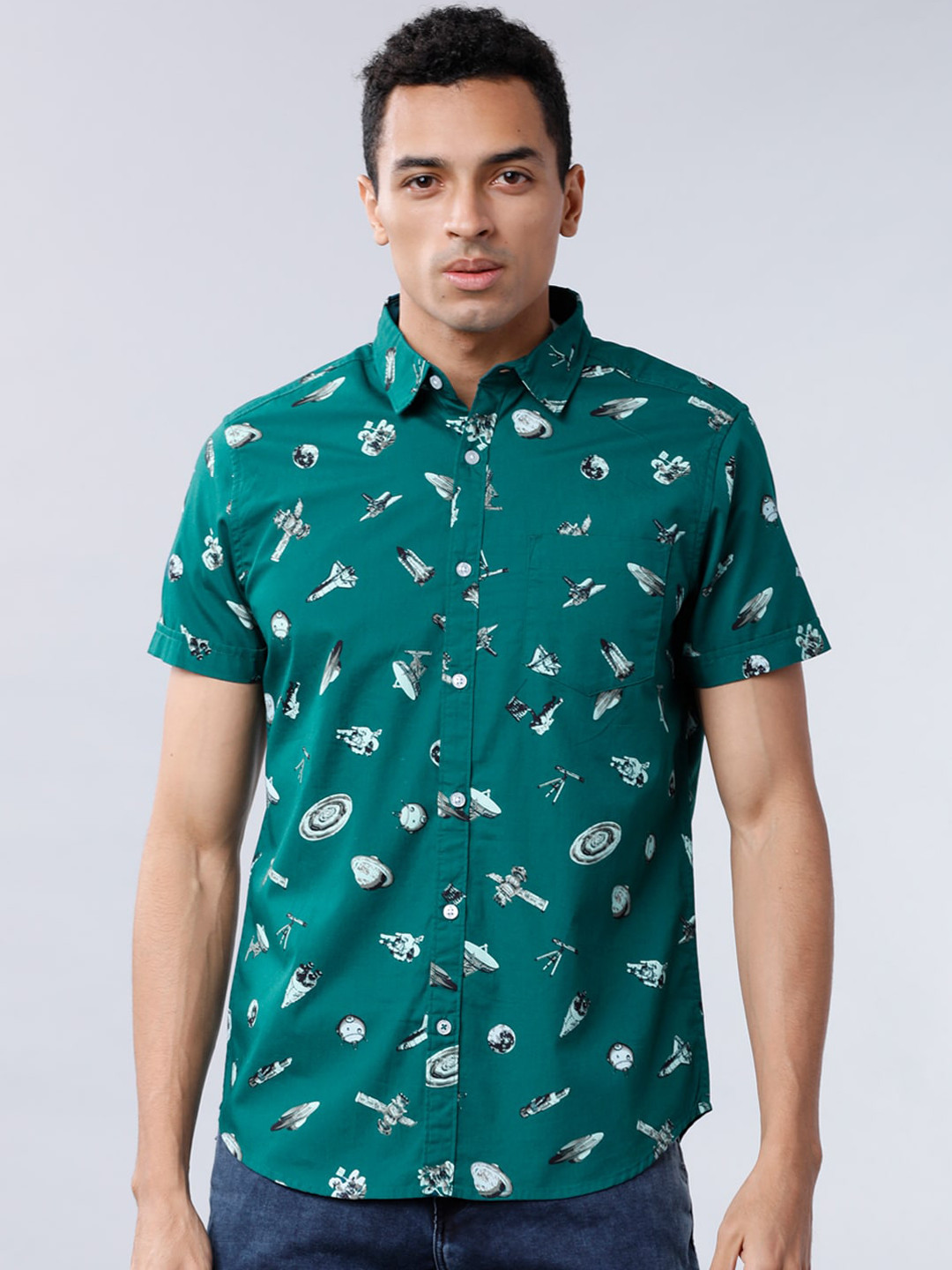 HIGHLANDER Men Teal Slim Fit Printed Casual Shirt