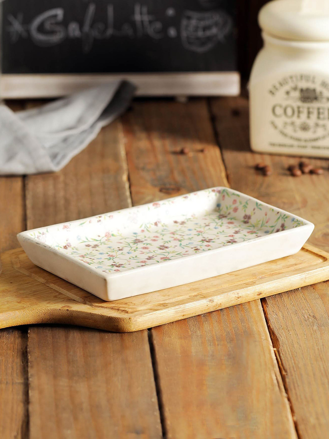 MIAH Decor Set Of 2 Off-White Handcrafted Decal Ceramic Platters