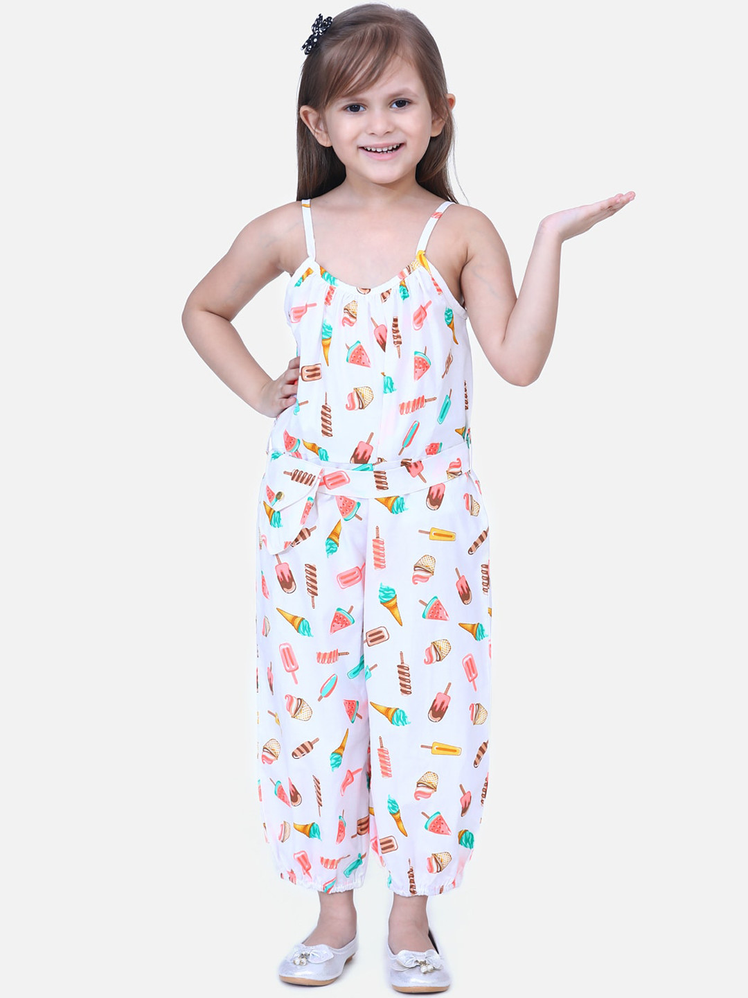 Fairies Forever Girls White Printed Basic Jumpsuit